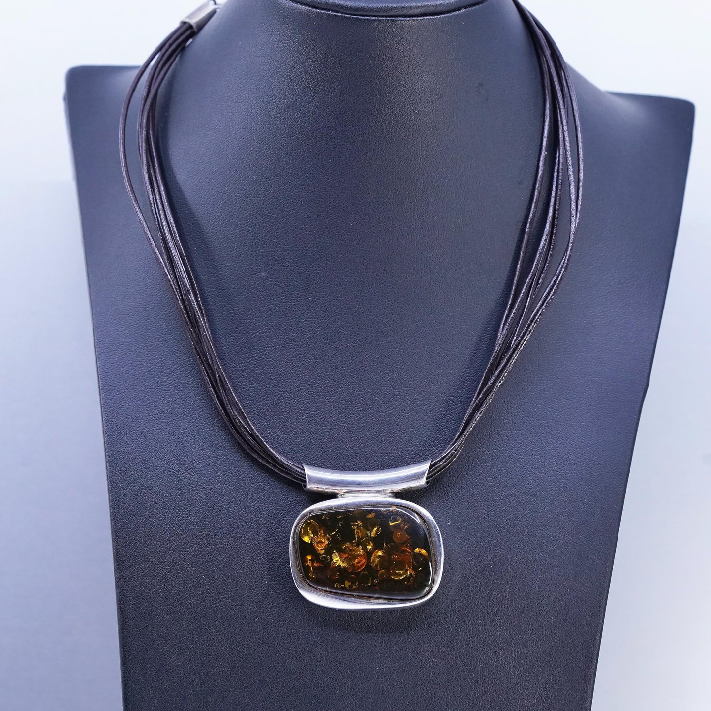 16", VTG Sterling 925 Silver multi strands black Leather Necklace Amber pendant