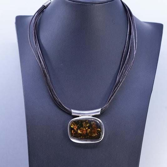 16", VTG Sterling 925 Silver multi strands black Leather Necklace Amber pendant