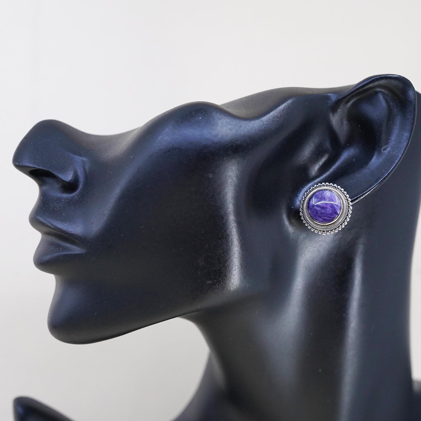 two tone Sterling Silver Charoite Earrings, Purple Stone, 925 Statement Studs