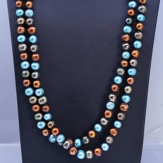 52”, Sterling 925 silver extra long necklace multi color freshwater pearl beads