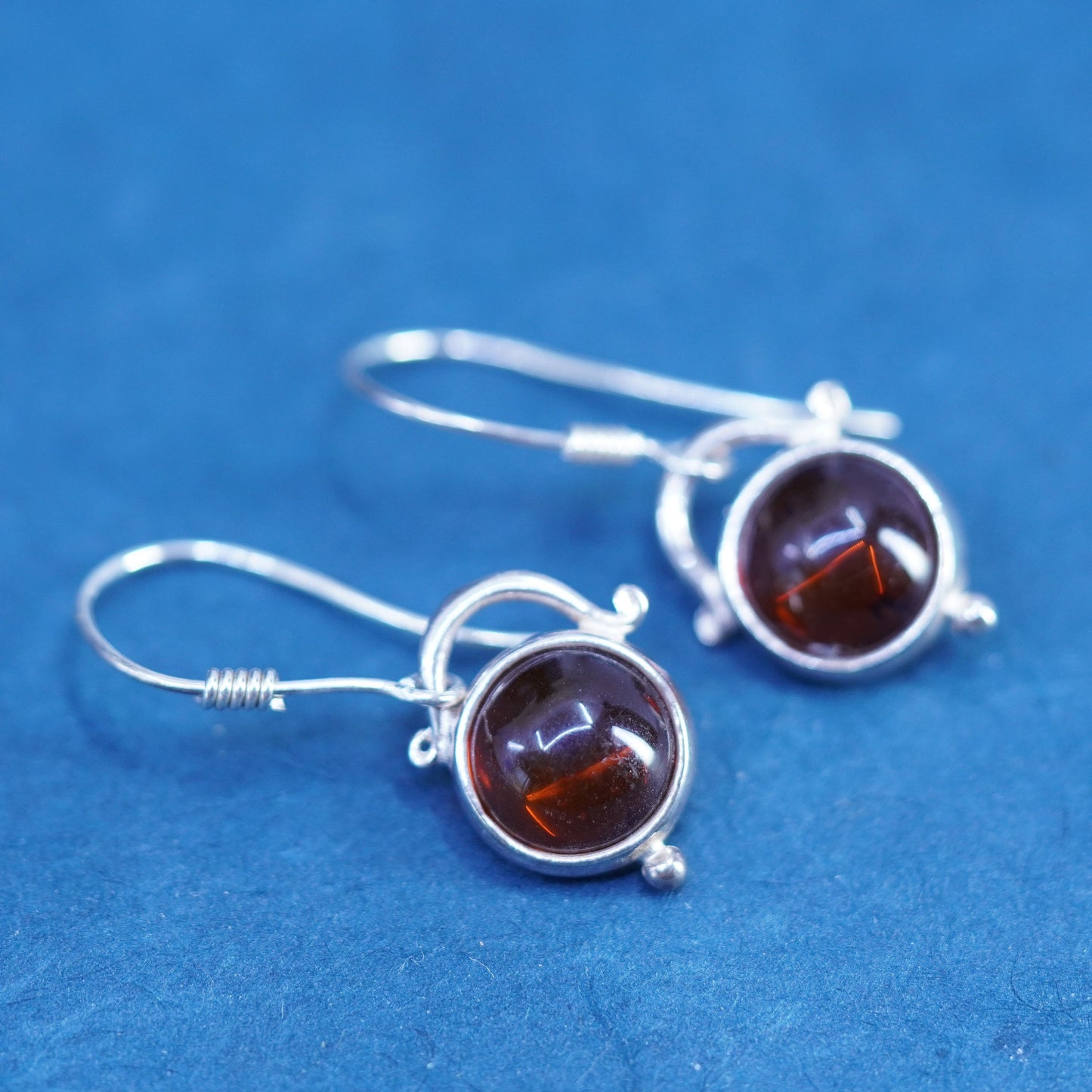 Vintage sterling 925 silver handmade earrings with round amber