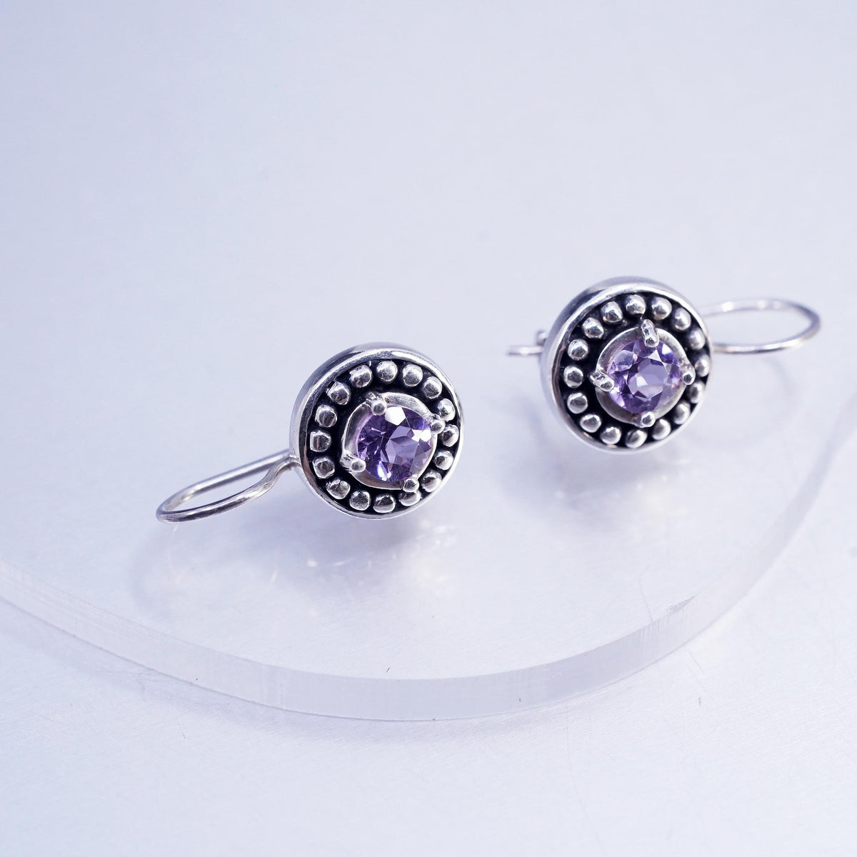 Vintage jewelry Sterling 925 silver handmade round earrings with amethyst beads