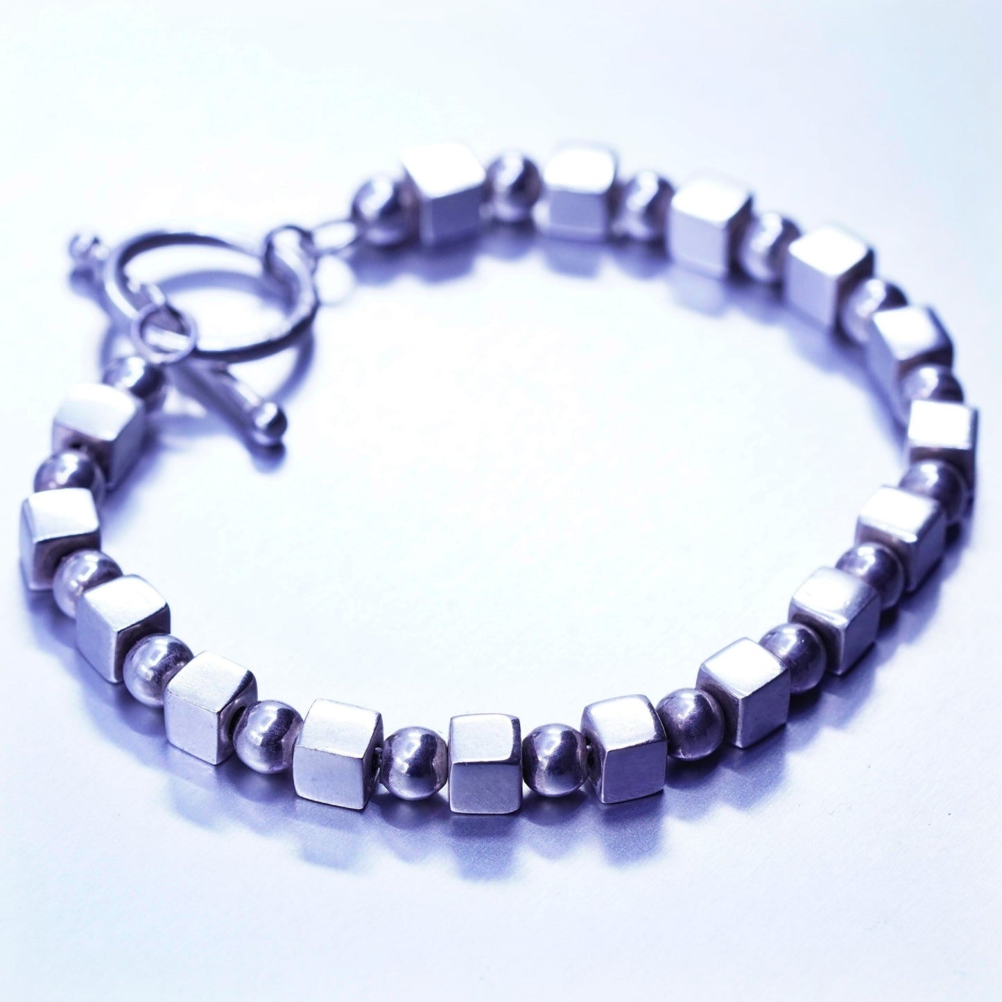 7”, Vintage Sterling 925 silver handmade bracelet, chain with cube beads