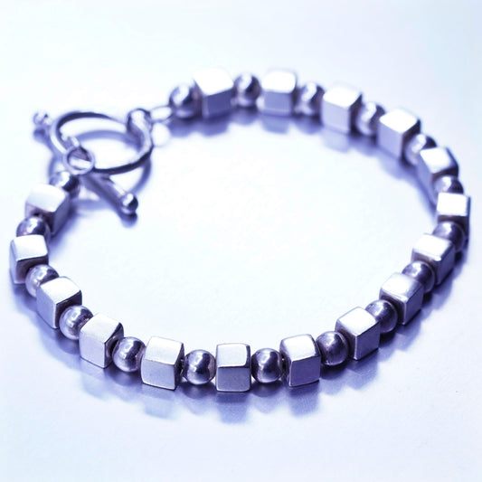 7”, Vintage Sterling 925 silver handmade bracelet, chain with cube beads