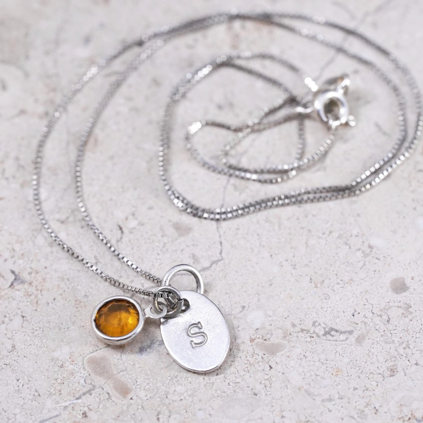 18", Sterling silver necklace, 925 box chain with letter S pendant and citrine