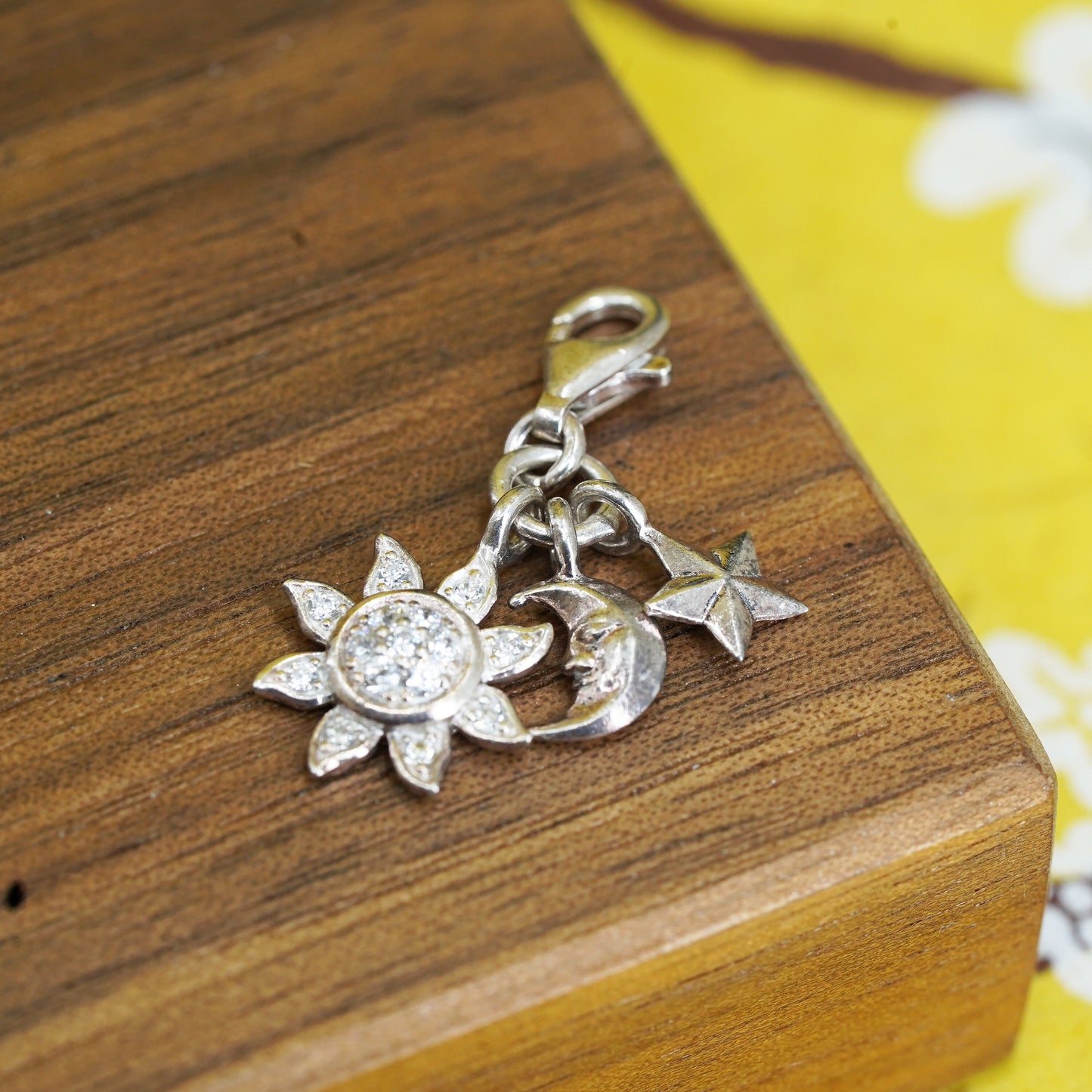 Vintage Sterling silver handmade cz pendant, 925 sun moon star charm
