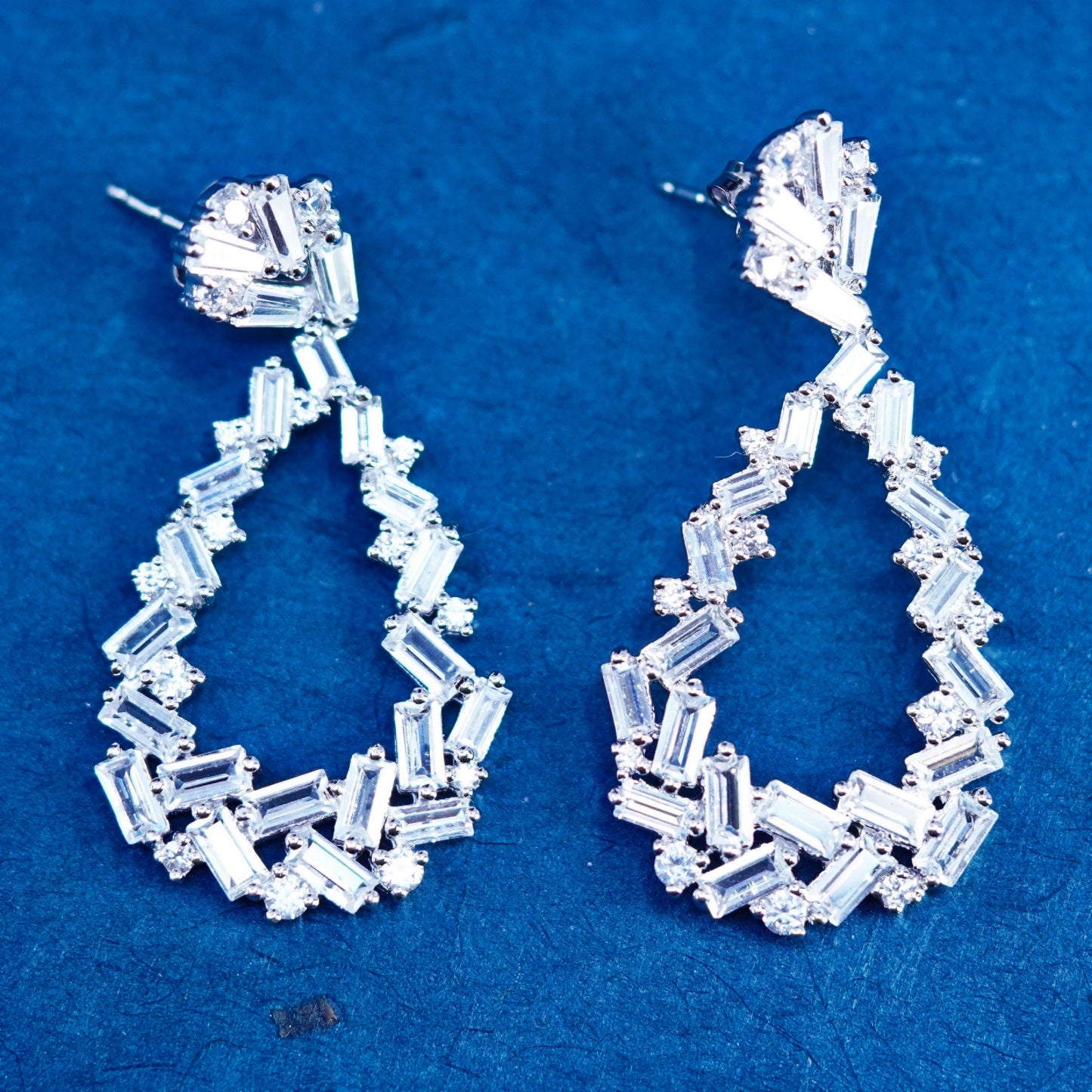 Vintage sterling 925 silver handmade earrings with cluster cz teardrop drops