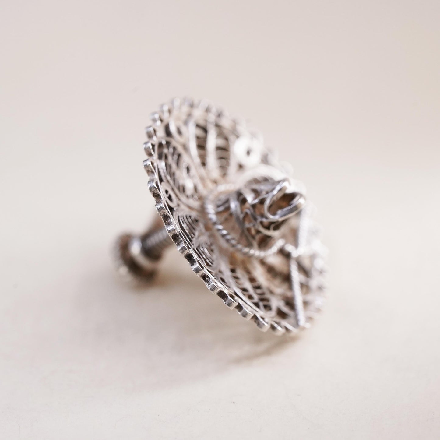 Mexican sterling silver single earring, 925 filigree sombrero hat screw back
