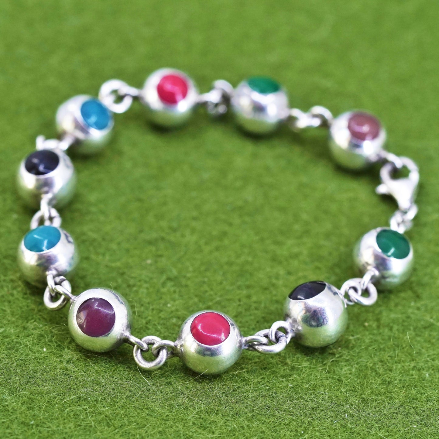 6.75", Vintage Sterling 925 silver handmade beads bracelet with rainbow enamel