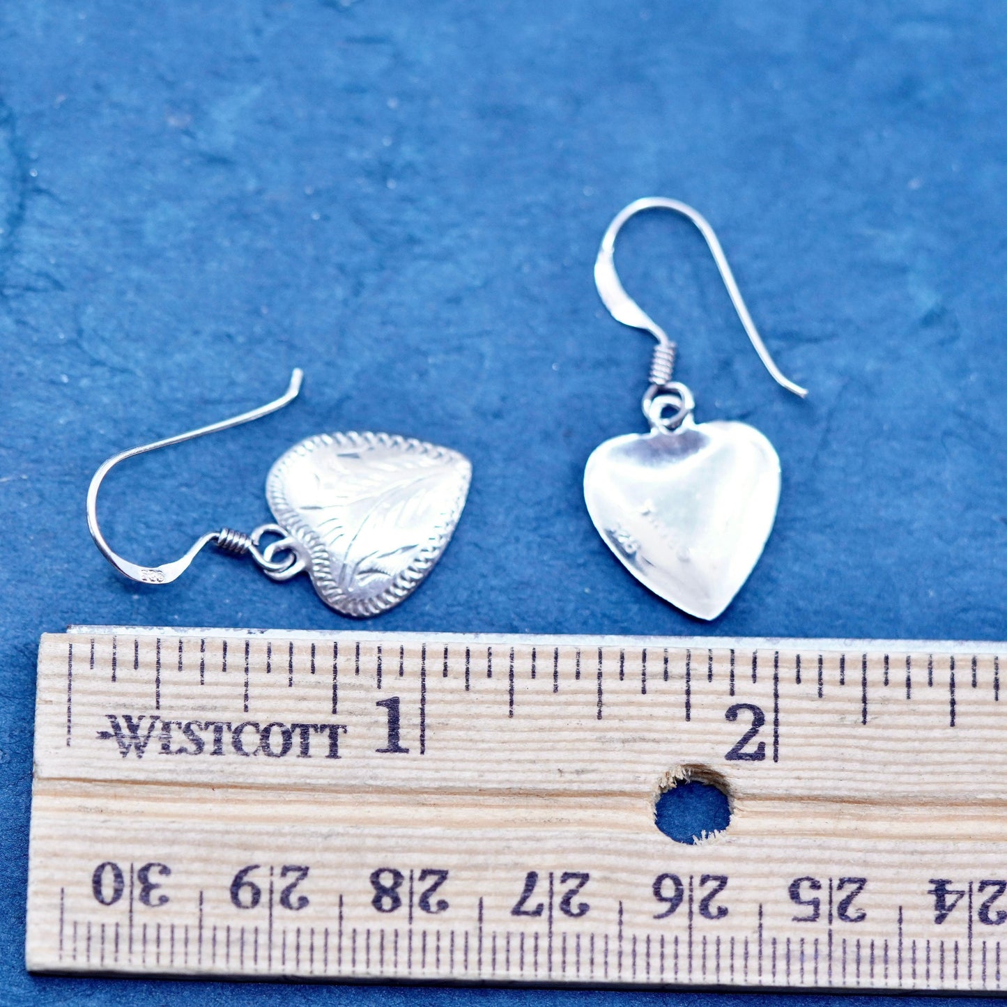 Vintage Boma Sterling silver handmade earrings, textured 925 heart drops