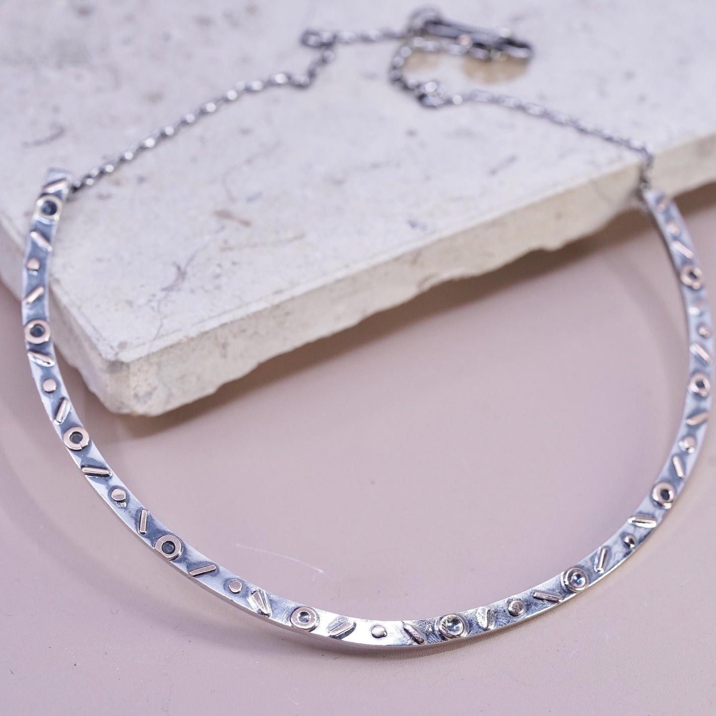 16", European two tone Sterling silver necklace, 925 choker collar elongated