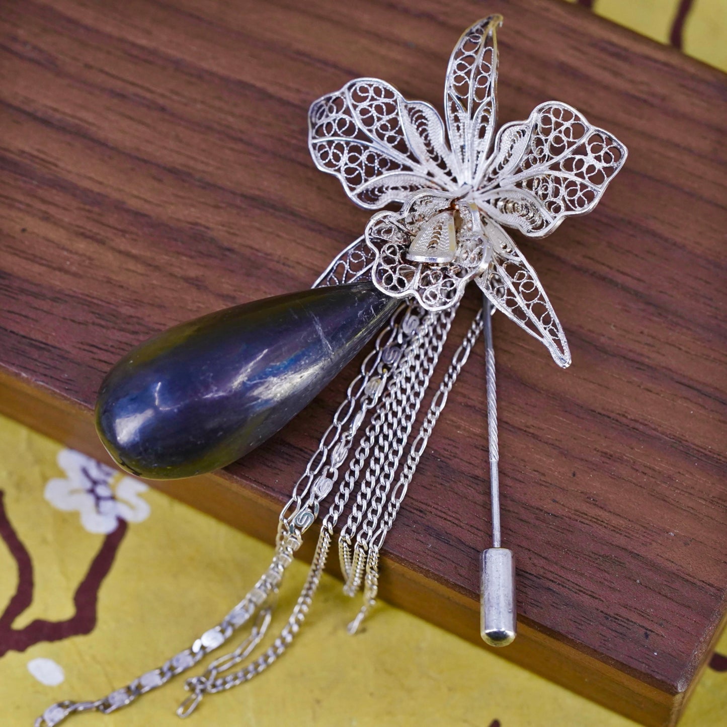 VTG sterling 925 silver filigree lily flower pin brooch teardrop gray tiger eye