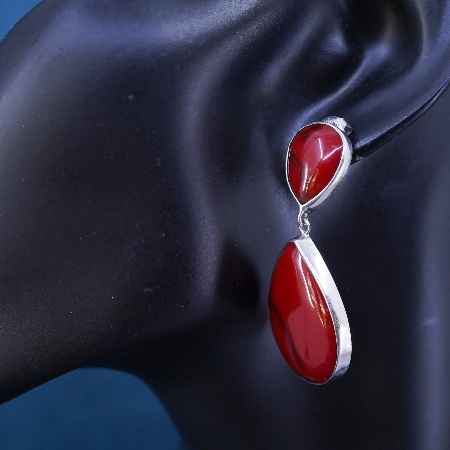 Vintage Sterling silver handmade earrings, 925 teardrop drops with red jasper