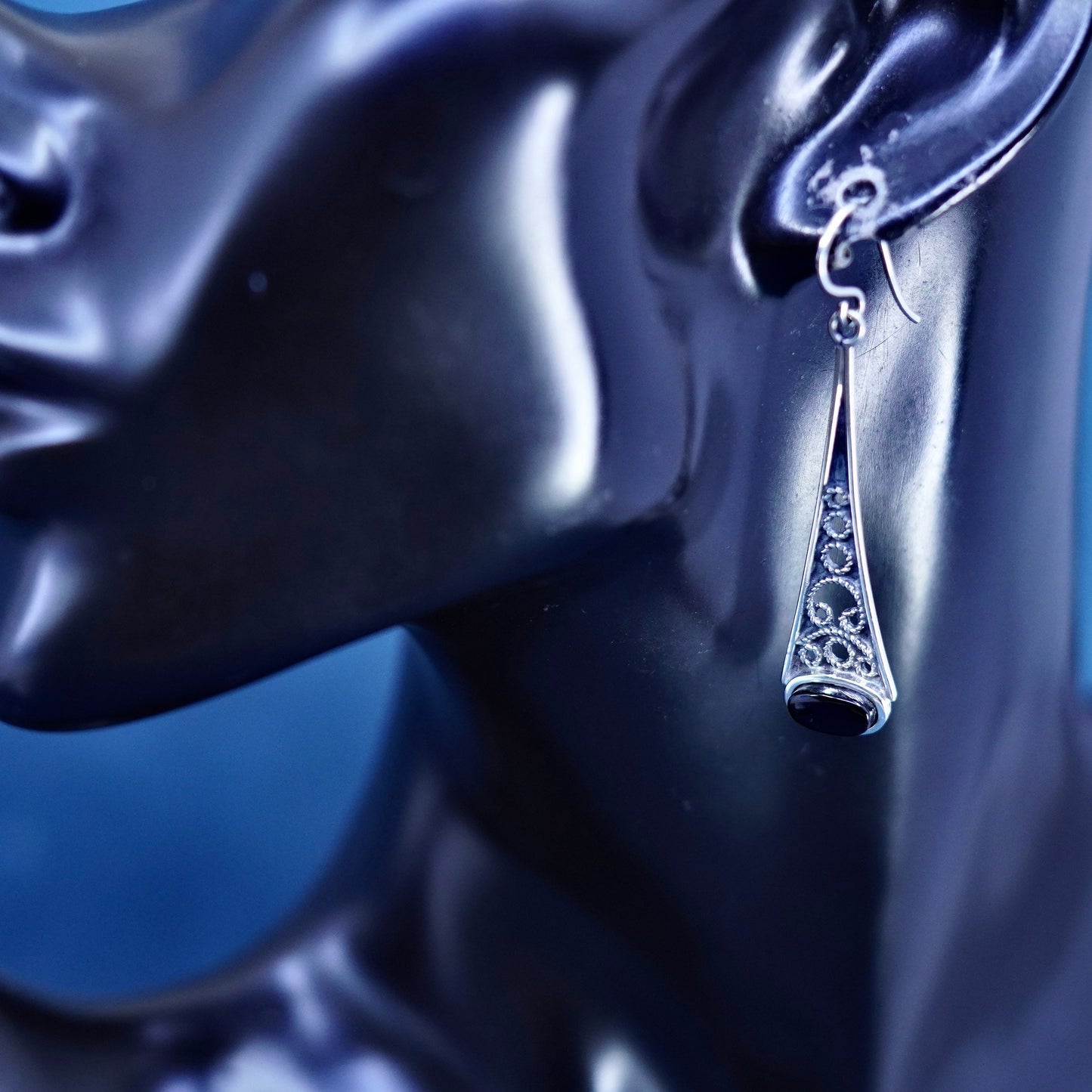 Vintage sterling 925 silver handmade filigree teardrop earrings with obsidian