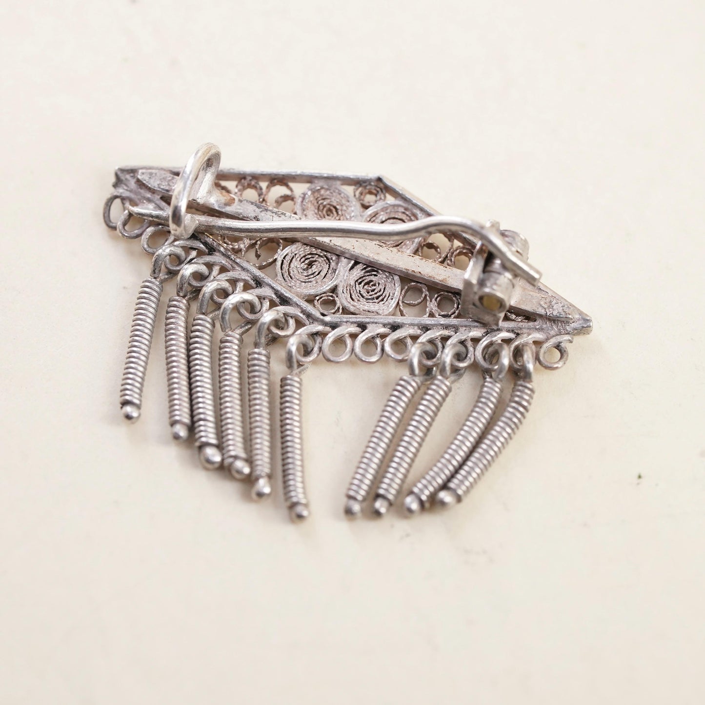 Vintage Sterling silver handmade brooch, 925 filigree pin with fringe