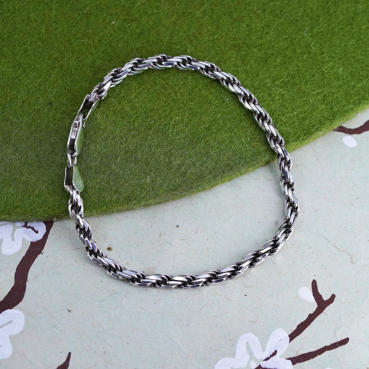 6.5", 4mm, Vintage sterling 925 silver Italy rope chain bracelet