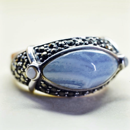 Size 6, Vintage sterling 925 silver handmade ring w/ blue lace agate marcasite