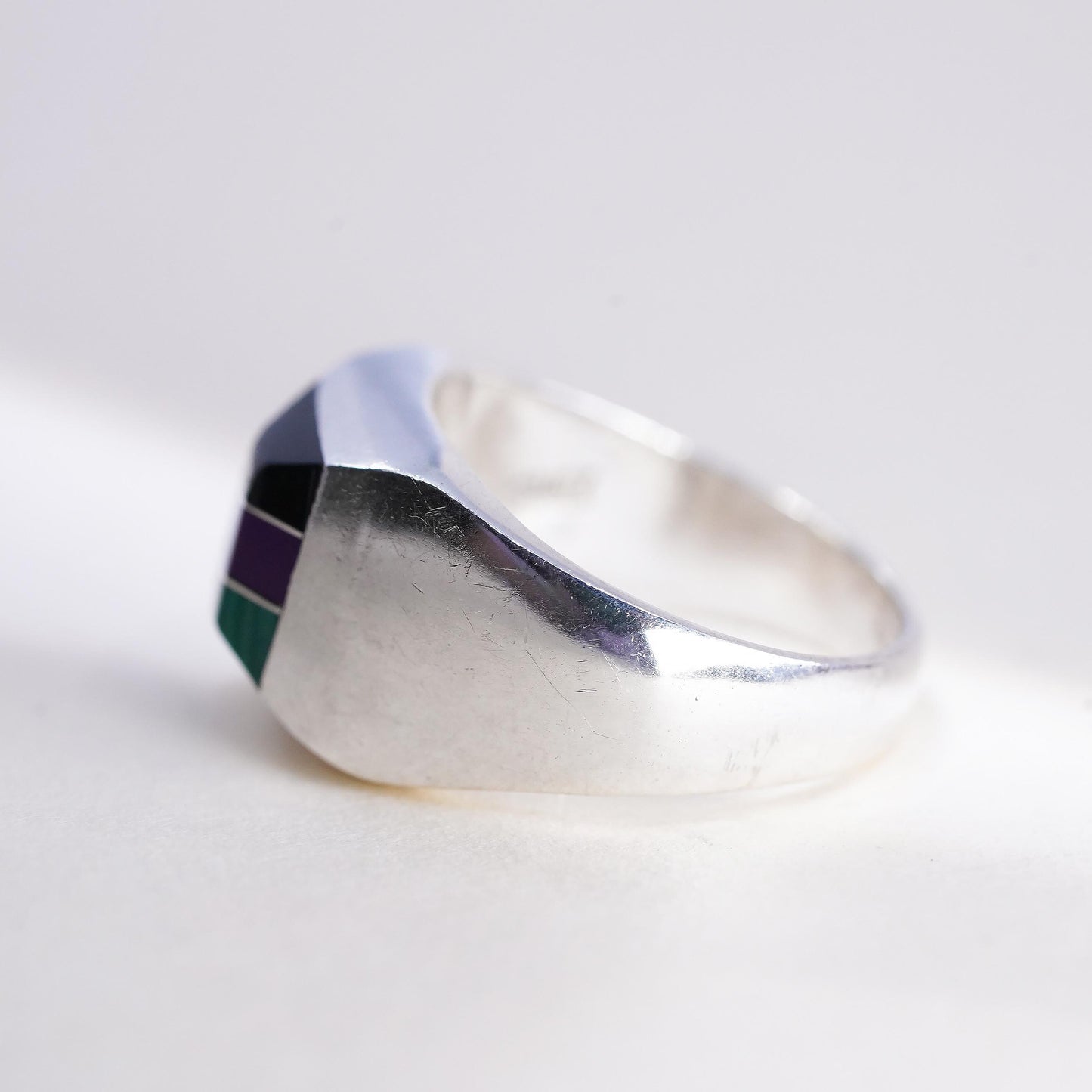 Size 9, Vintage Mexican Sterling Silver Inlay Ring, Black Onyx Malachite Signet
