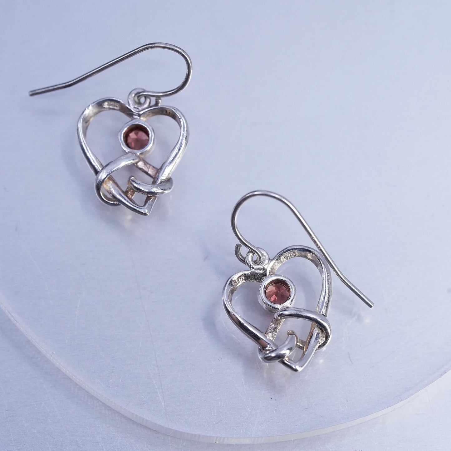 Vintage Sterling 925 silver heart earrings with garnet
