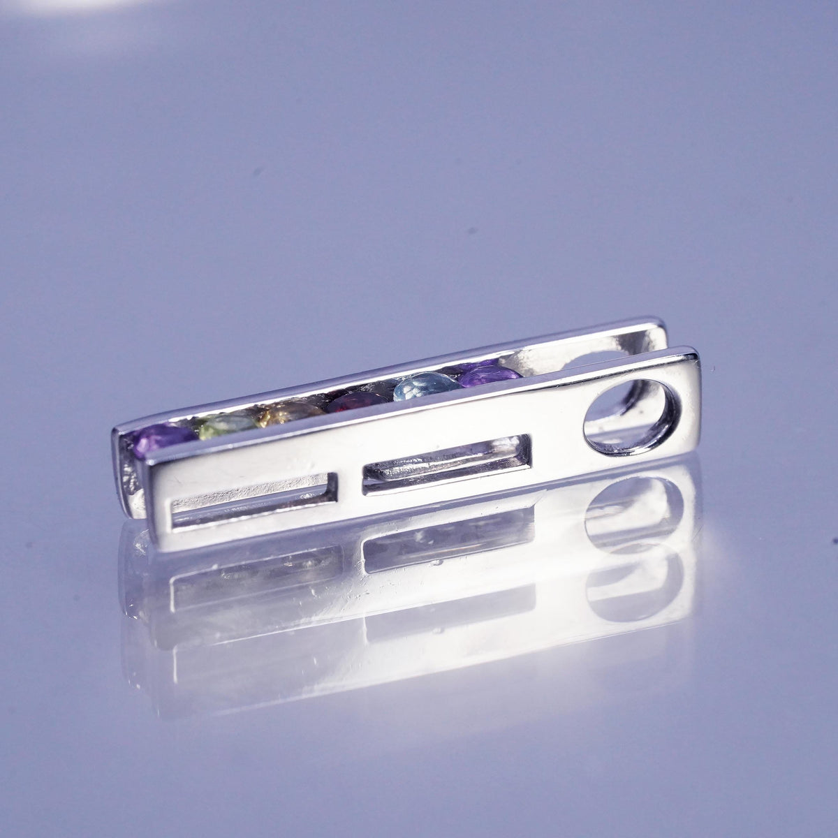 VTG Sterling Silver Multi Gemstone Bar Pendant, Amethyst Garnet Citrine Rainbow