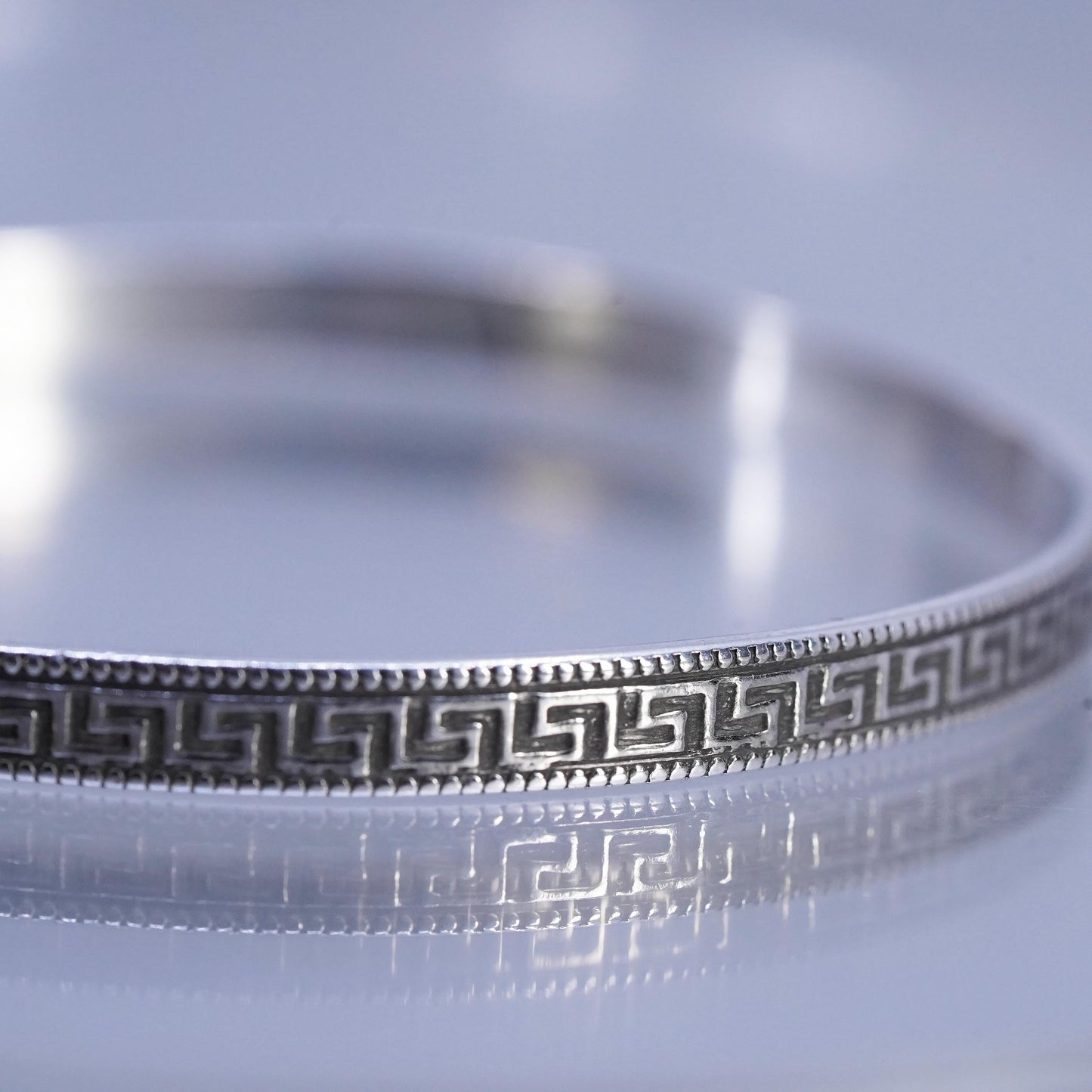 7.75", Vintage sterling silver 925 silver bracelet, greek key textured bangle