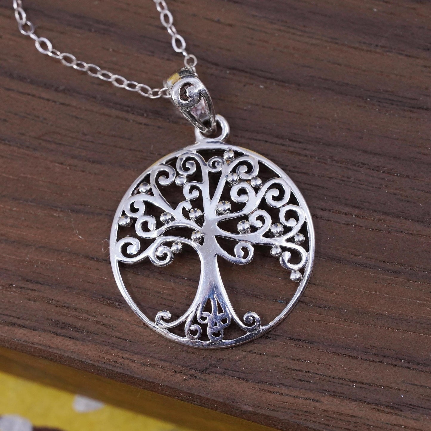 19” Sterling silver necklace with circle chain and filigree 925 tree pendant