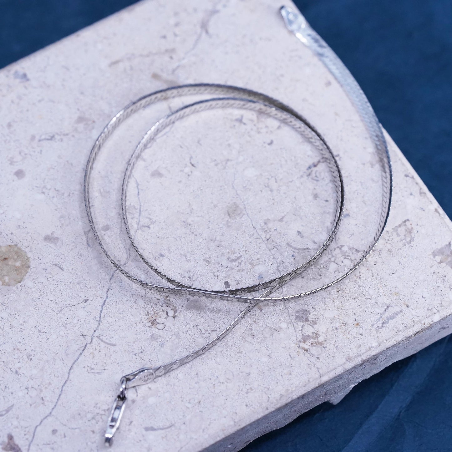 18”, vintage Sterling silver necklace, heart textured 925 herringbone chain