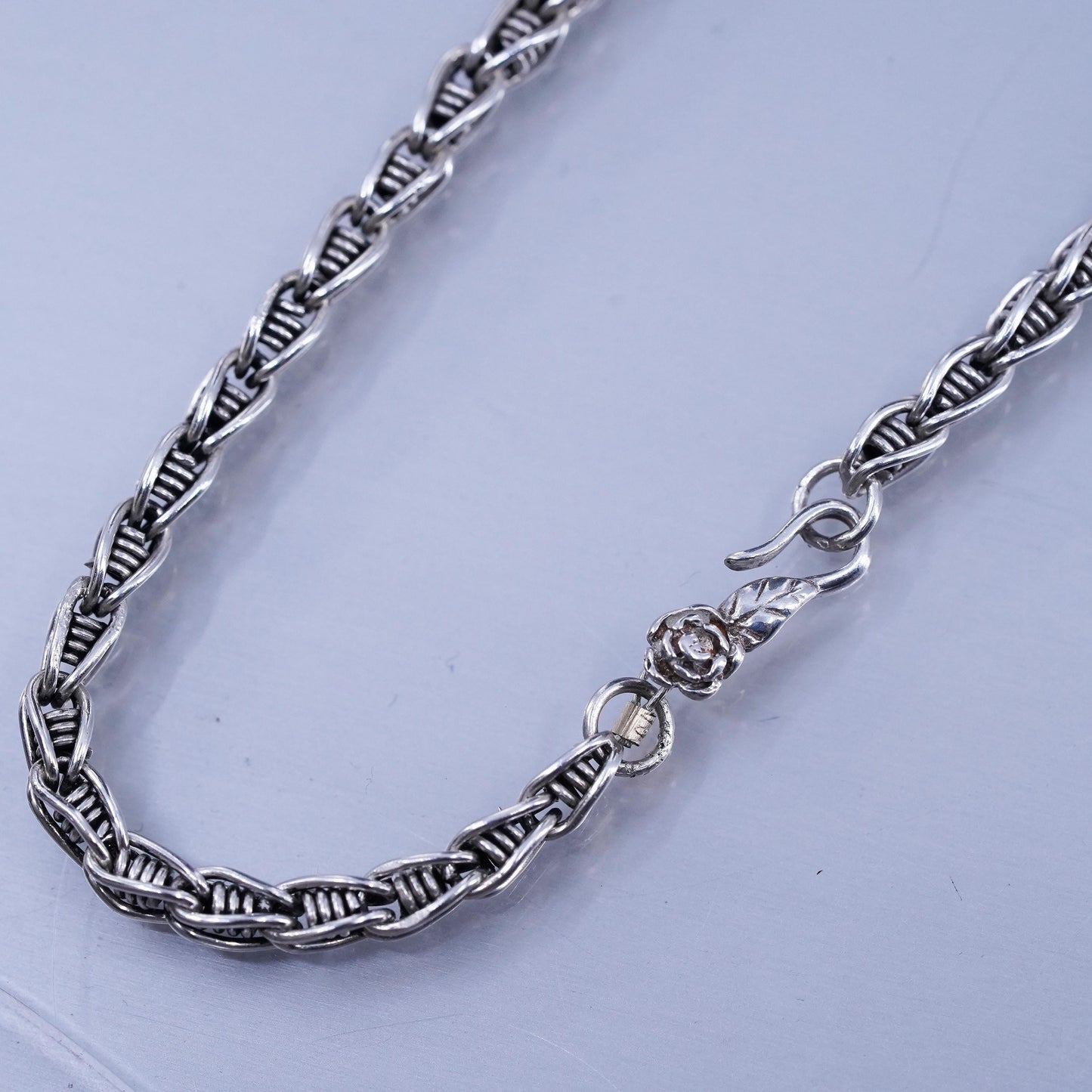 20” 4mm, vintage Sterling 925 silver bold rope chain necklace with flower clasp