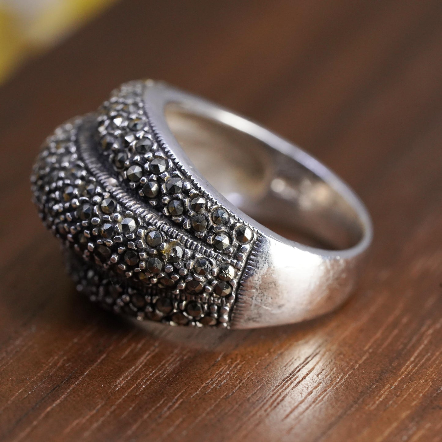 Size 8 VTG Sterling silver ring with cluster marcasites, 925 dome ribbed band