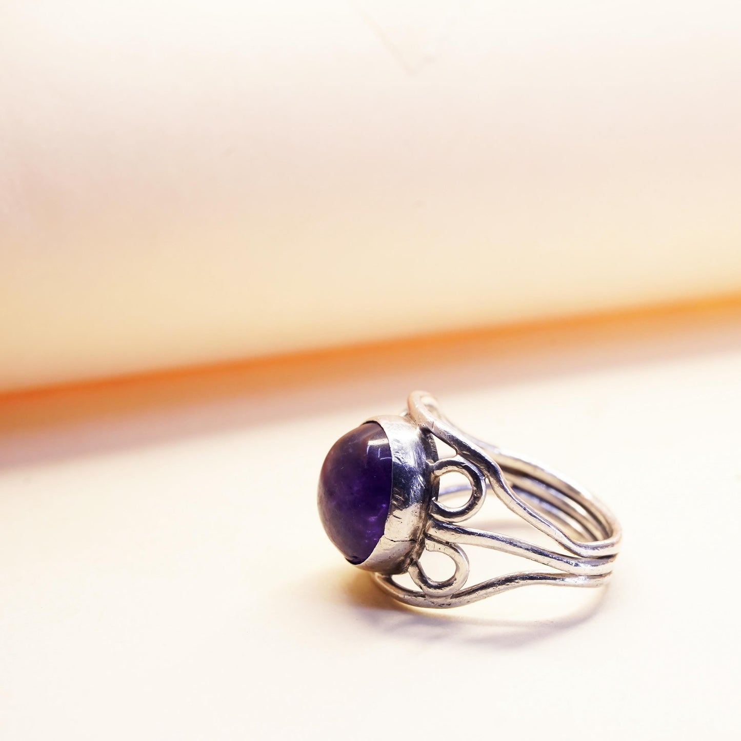 Size 8, vintage Sterling silver handmade ring, 925 band with dome amethyst