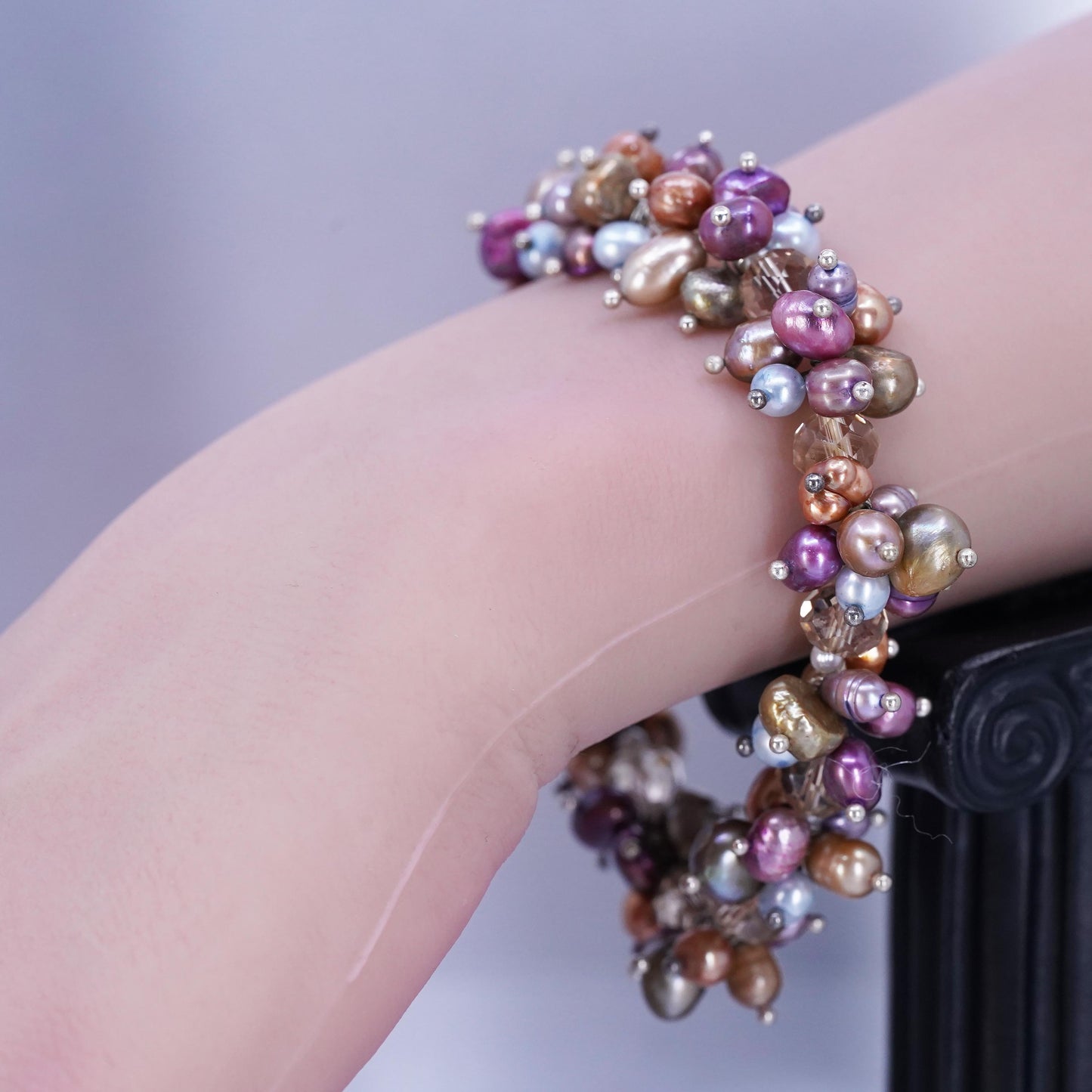 7.25”, Sterling 925 silver stretchy bracelet with cluster pearl and crystal