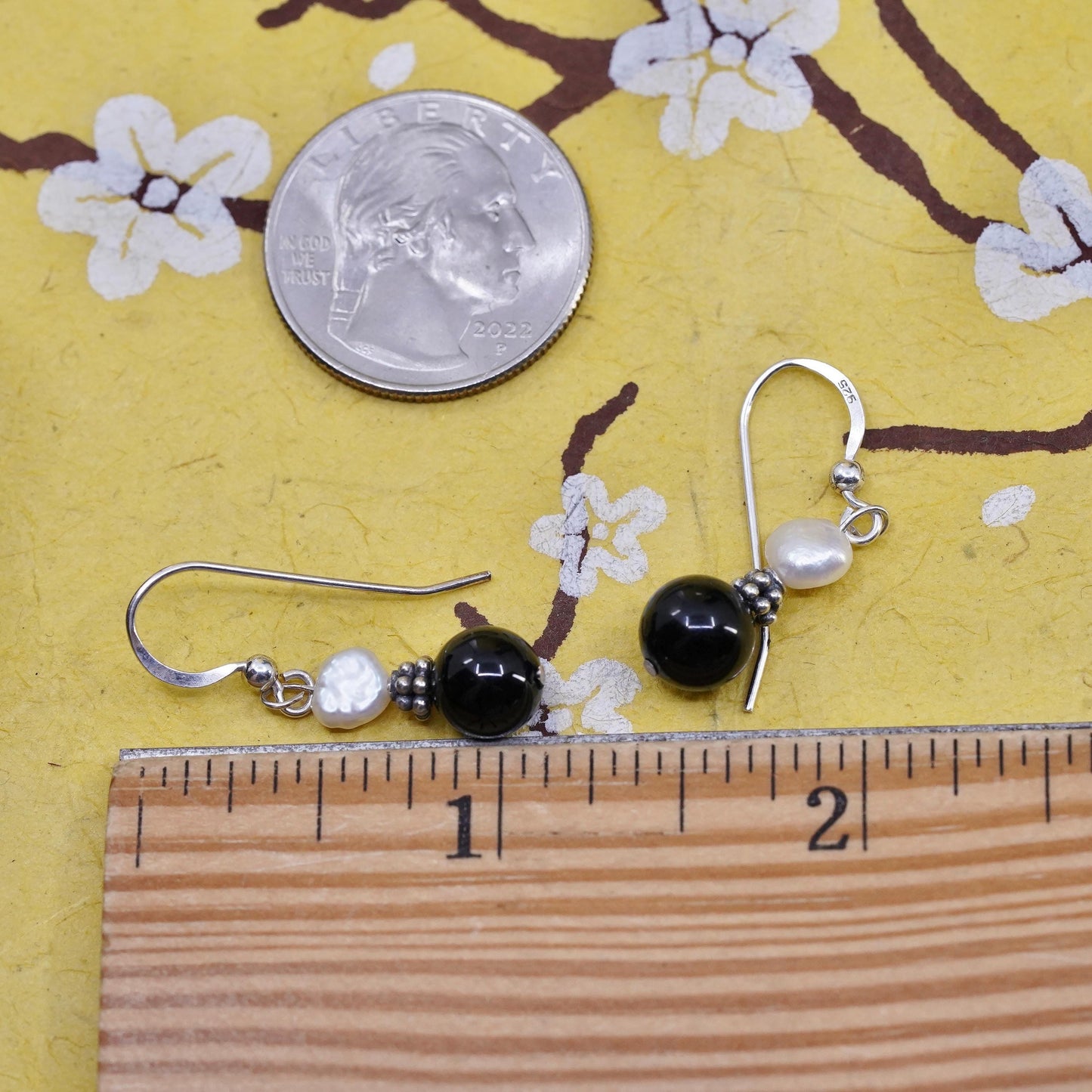 Vintage Sterling 925 silver handmade earrings with onyx pearl beads