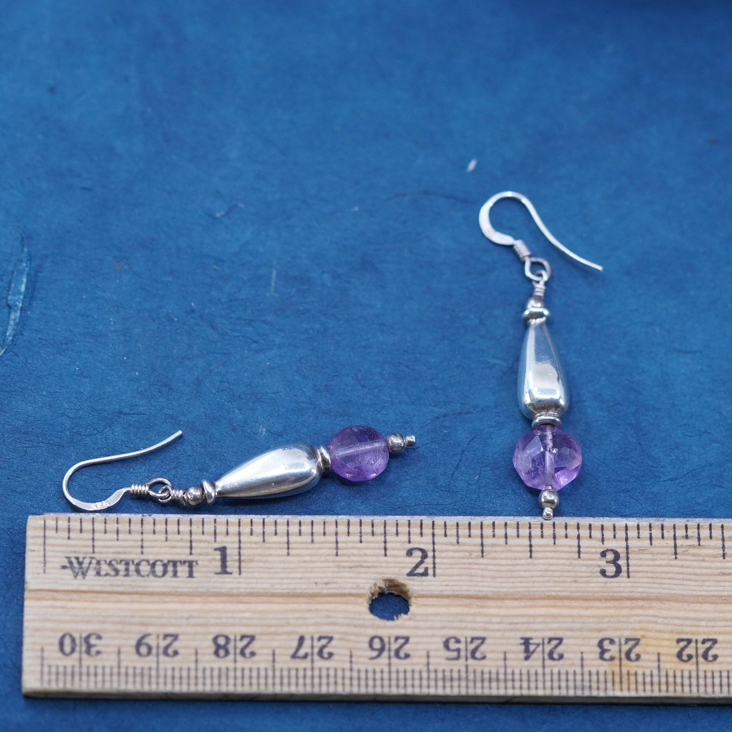 Vintage sterling 925 silver handmade teardrop earrings with amethyst