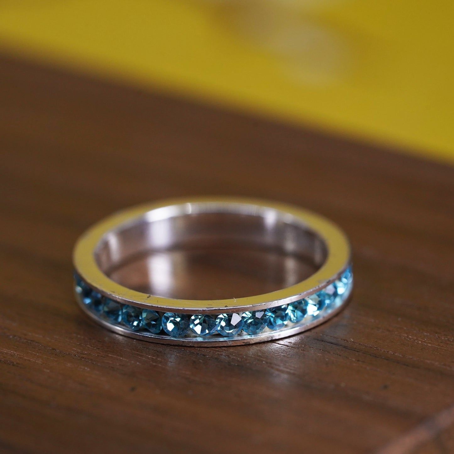 Size 8.25, vintage Sterling silver handmade ring, 925 stackable band blue cz