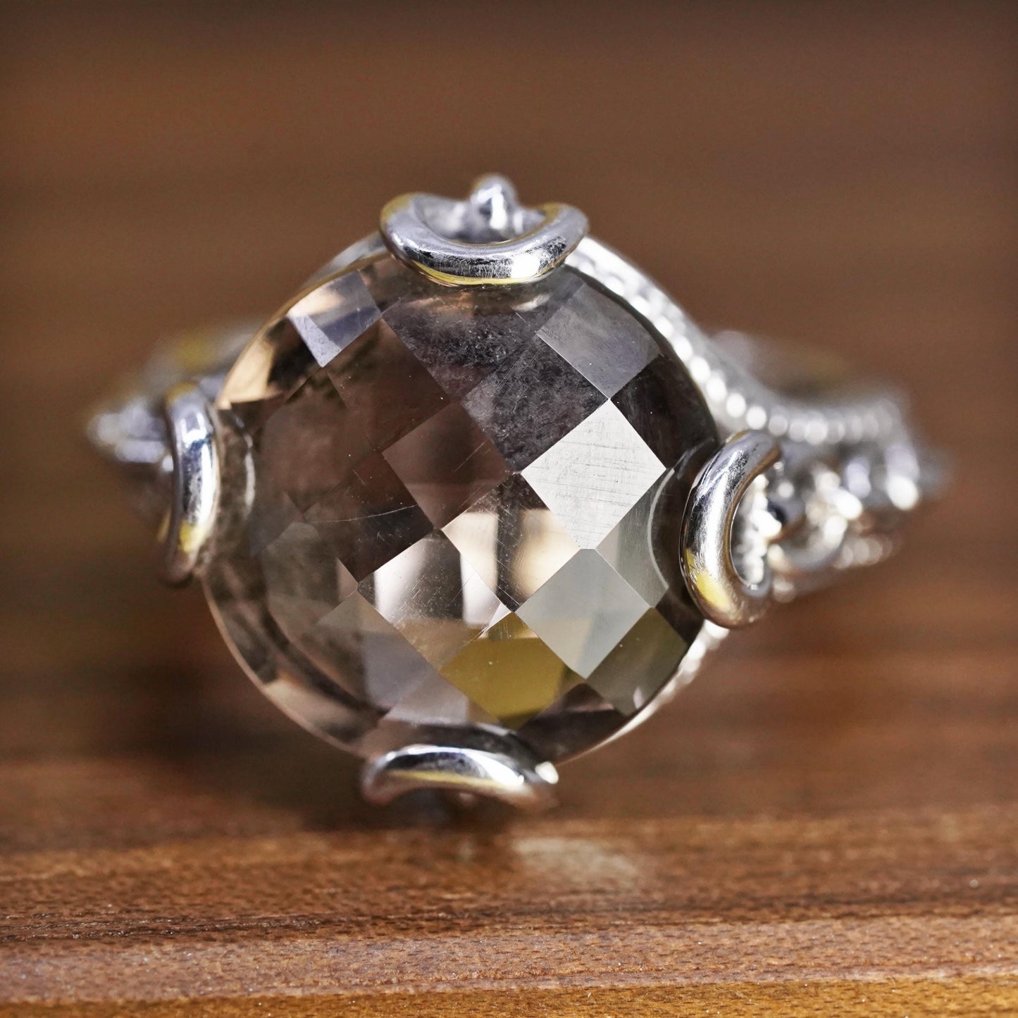 Size 6, vintage Mexican Sterling silver ring dome checkerboard cut smoky topaz