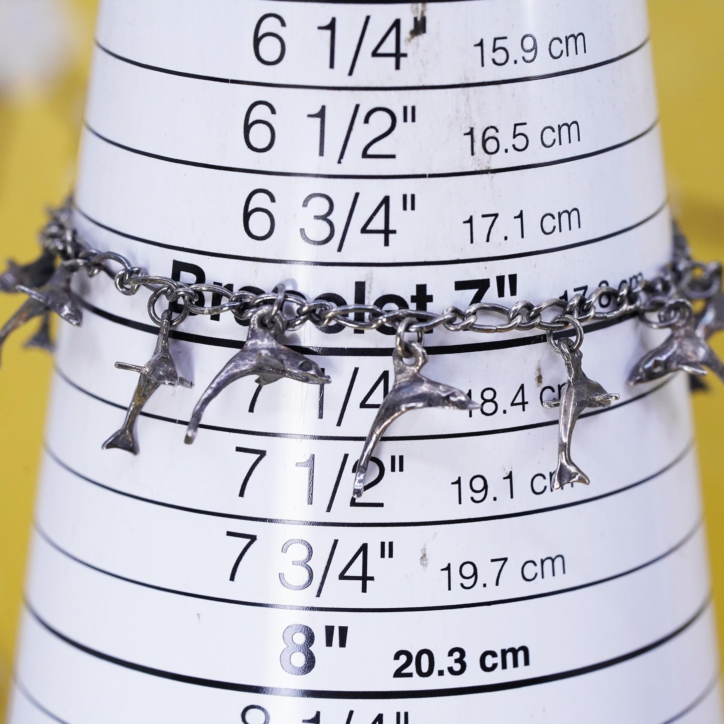 7”, vintage oxidized Sterling silver bracelet, 925 silver chain dolphin charms