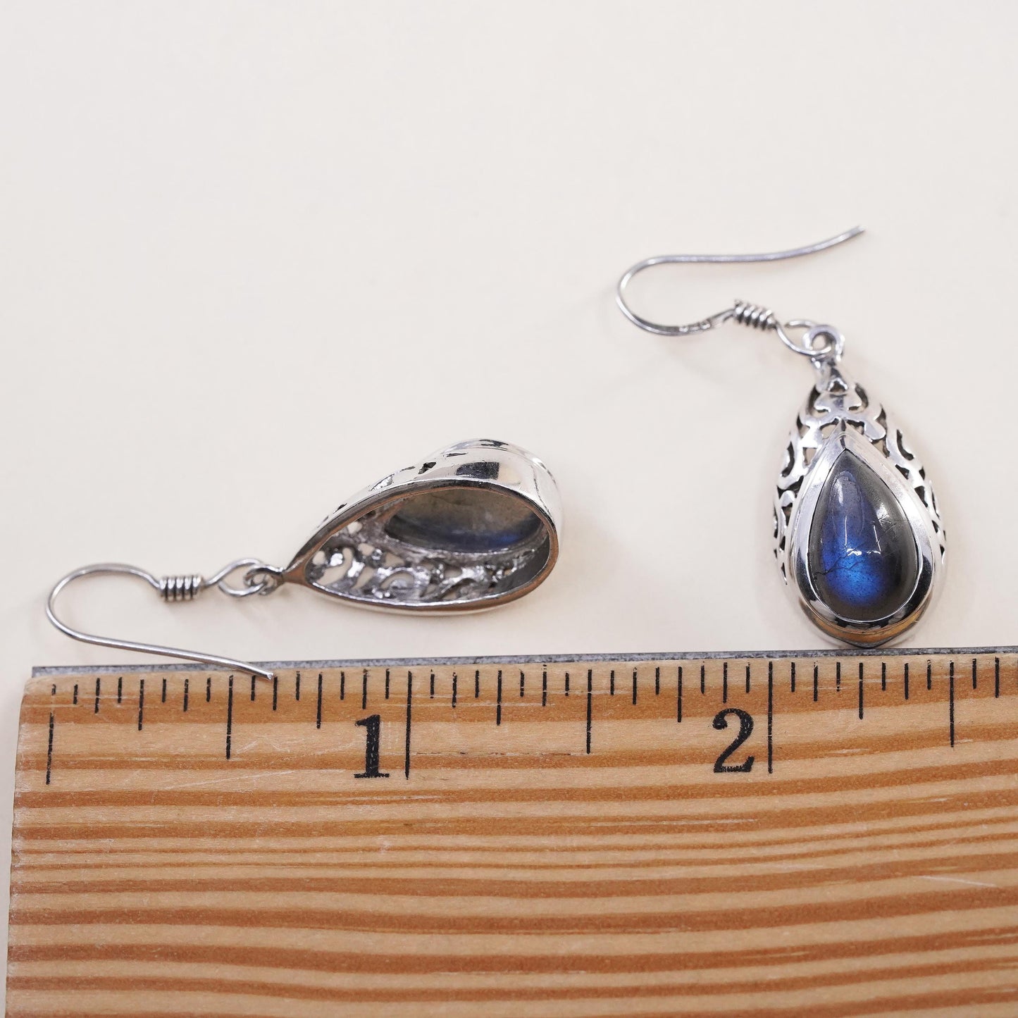 Vintage Sterling 925 silver filigree teardrop earrings with labradorite drops