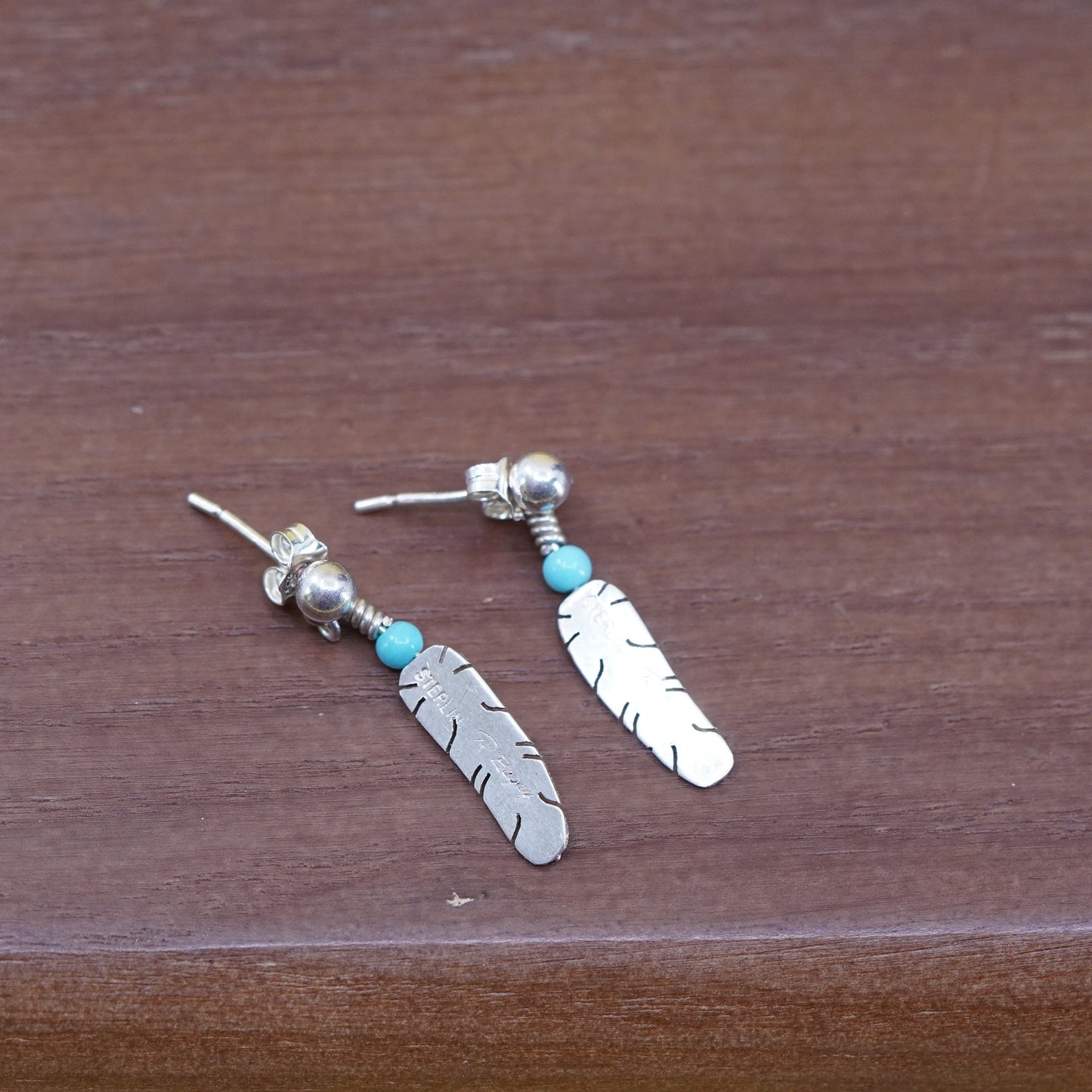 Sterling 925 silver handmade disc earrings with turquoise and feather dangles