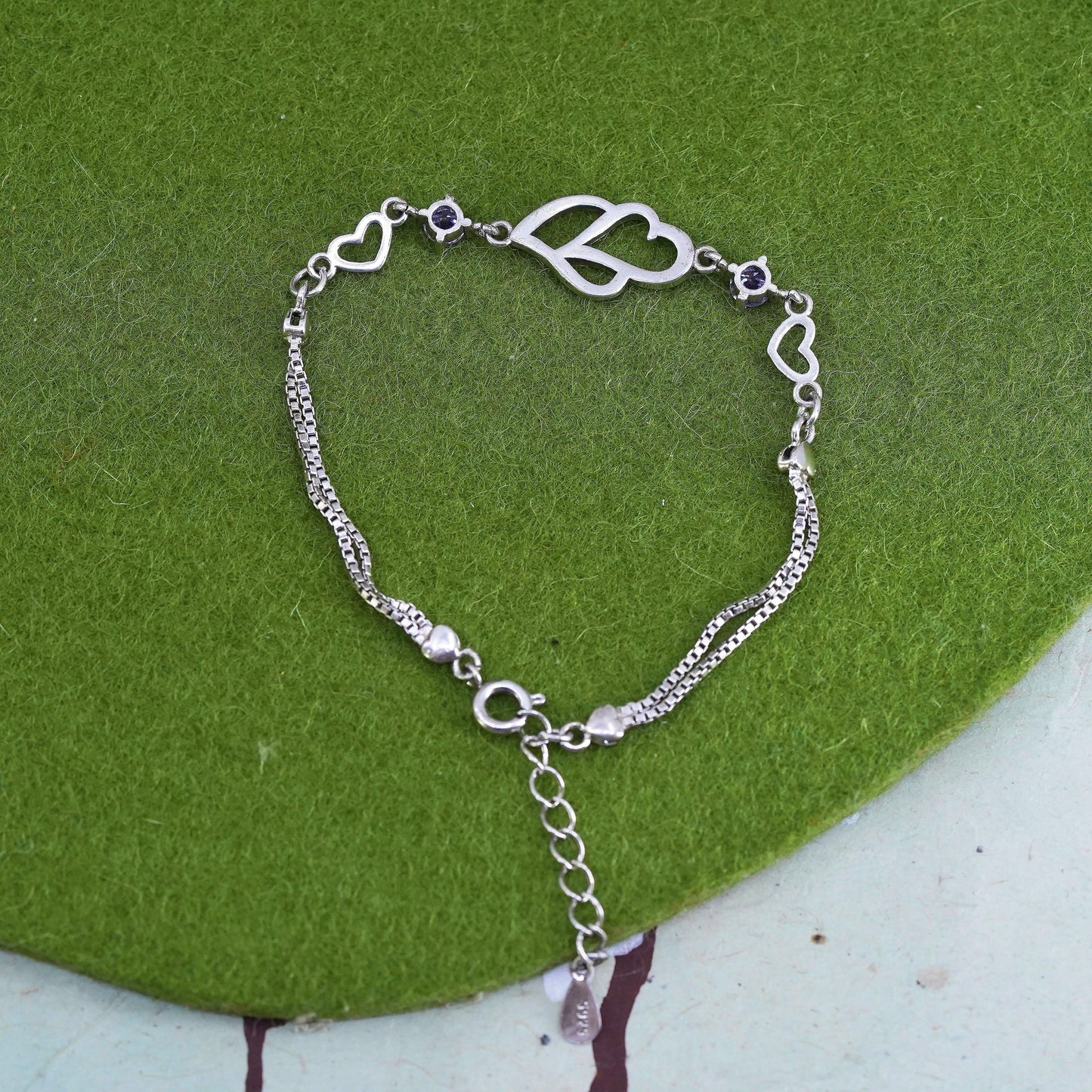 6.5”, Vintage sterling silver double heart box chain, 925 bracelet w/ amethyst