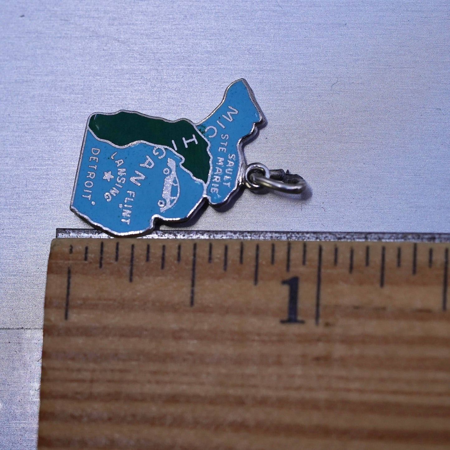 Vintage sterling handmade traveler pendant, 925 enamel Michigan state tag