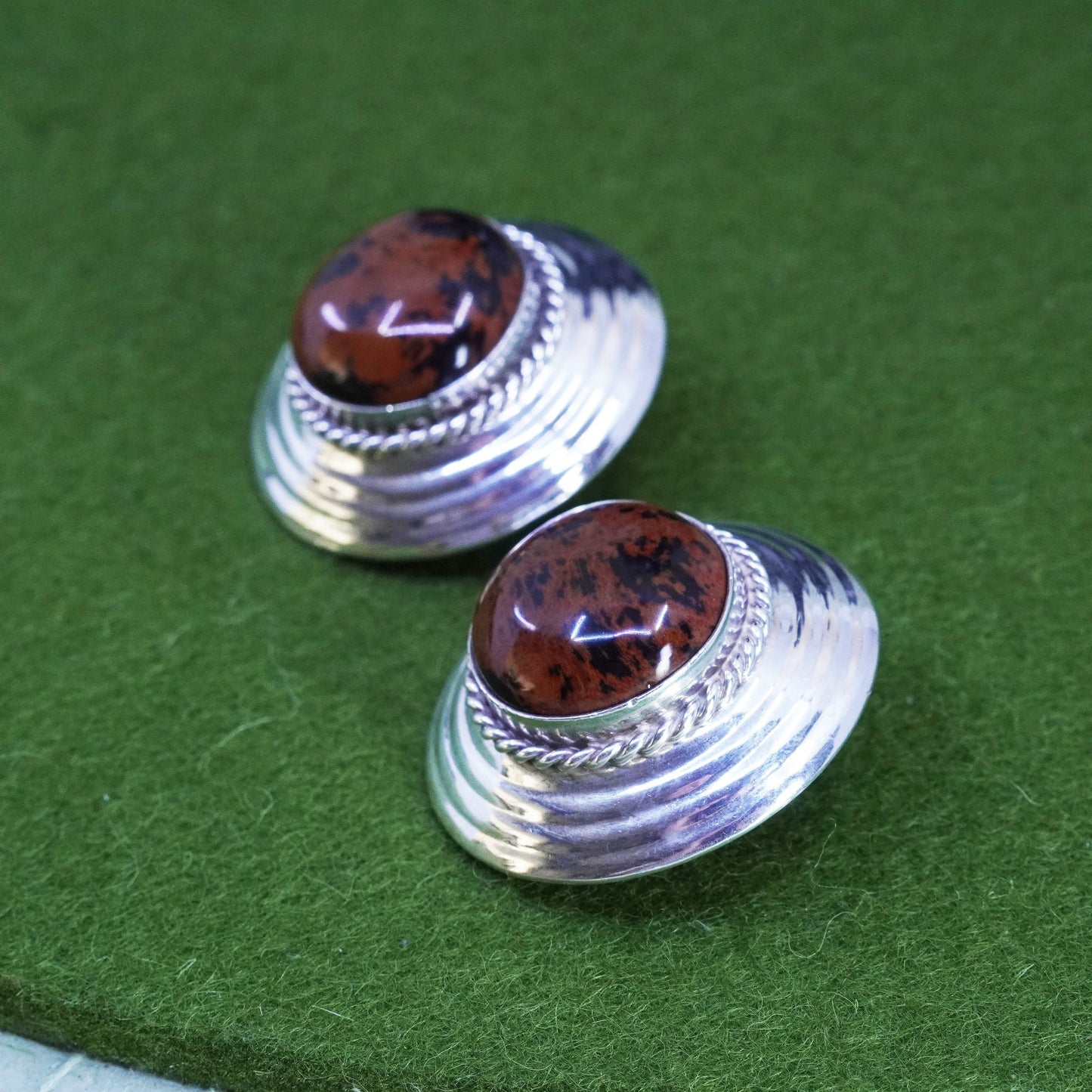 Vintage Sterling silver handmade earrings, 925 round clip on with bronze jasper