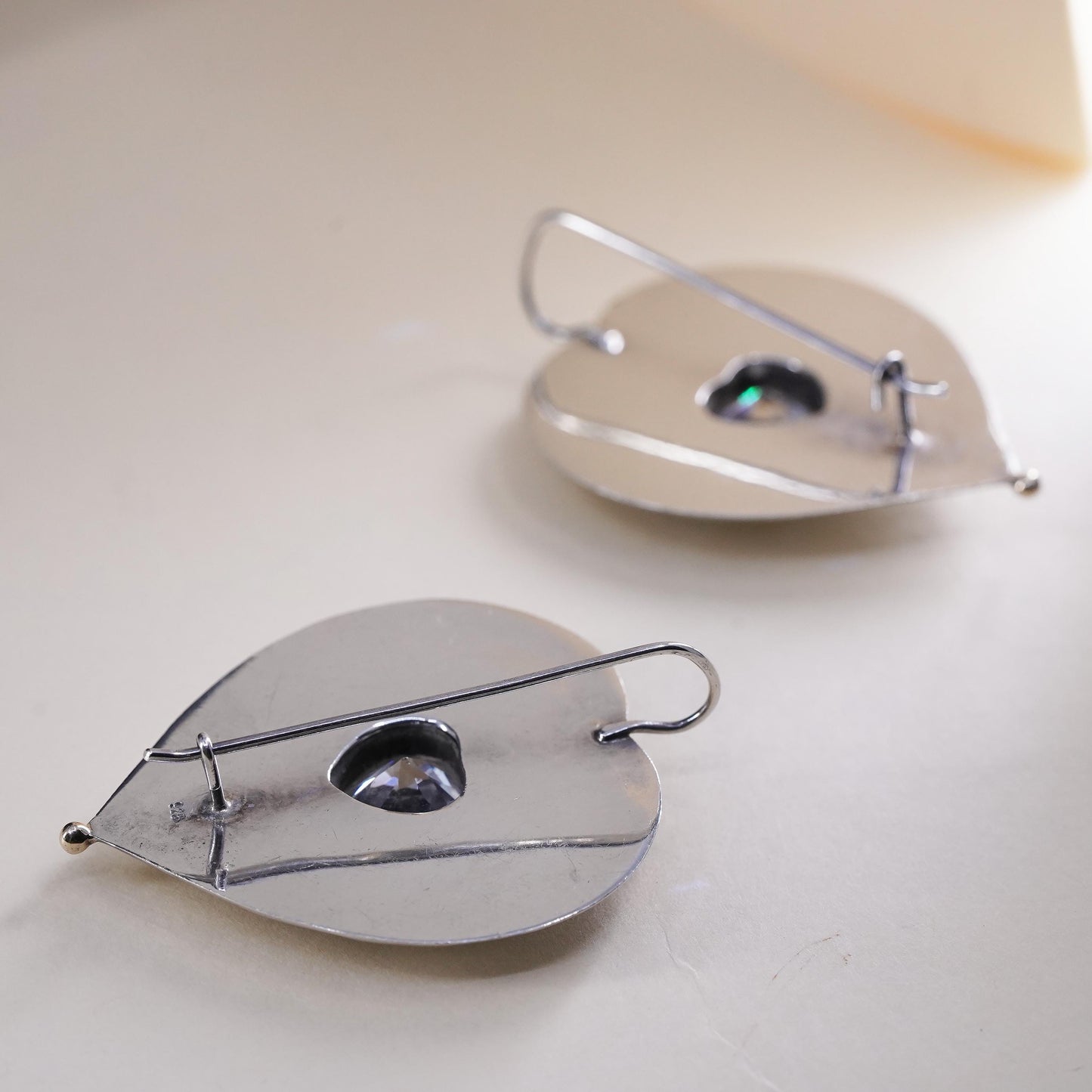 Vintage sterling silver handmade earrings, huge 925 silver heart with CZ