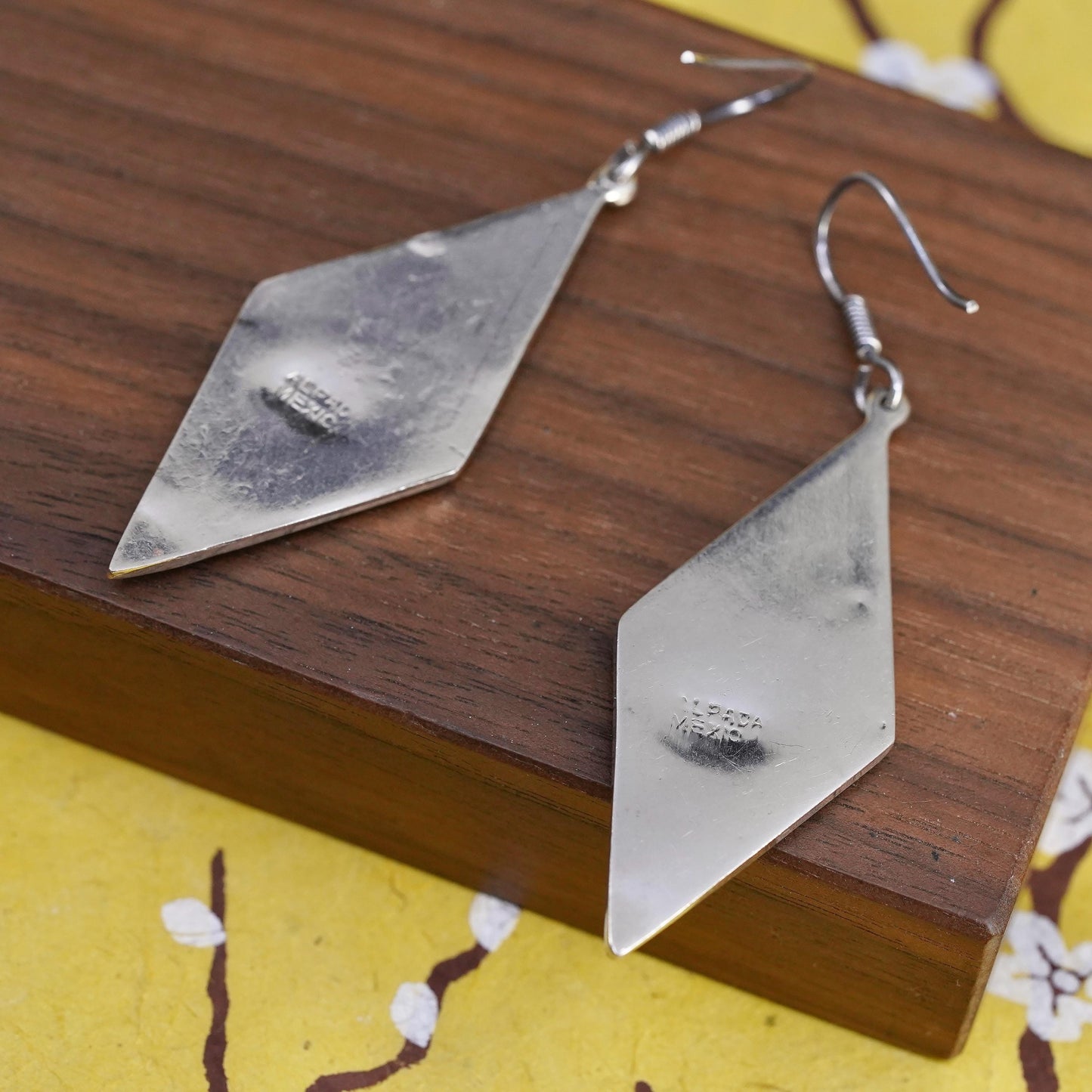 Vintage alpaca silver handmade earrings, diamond mother of pearl inlay dangles