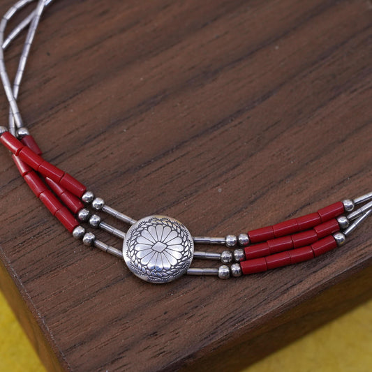 7.25", vintage 925 handmade bracelet, 5 multi strands liquid silver chain coral