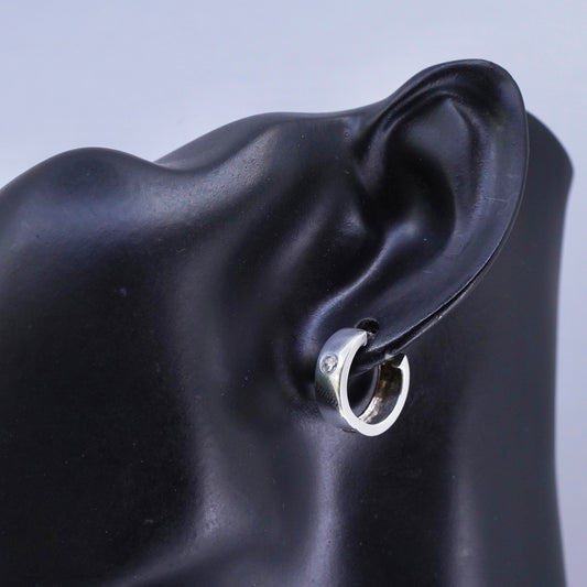 0.5”, vintage Sterling silver handmade earrings, 925 Huggie hoops with Cz