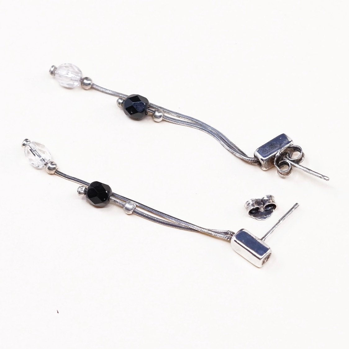 VTG sterling silver handmade earrings, 925 fringe w/ crystal beads Dangles