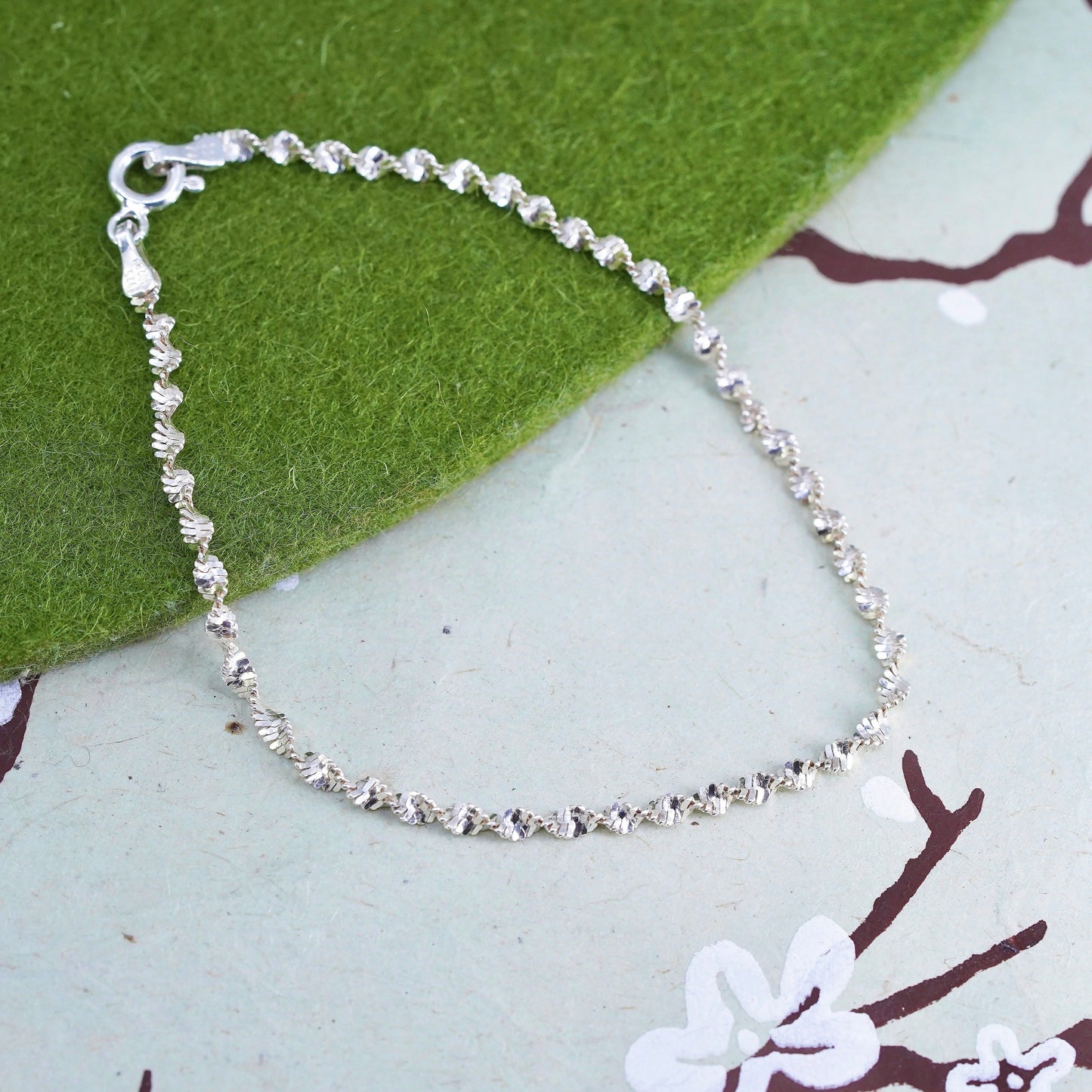 7" 3mm, Vintage sterling silver bracelet, twisted herringbone link bracelet