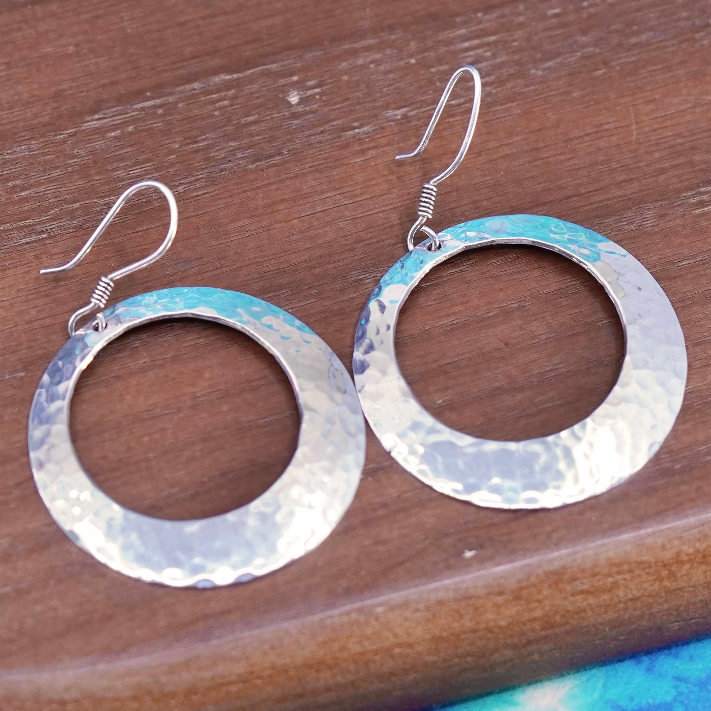 Vintage sterling silver handmade earrings, 925 hammered circle shaped drops