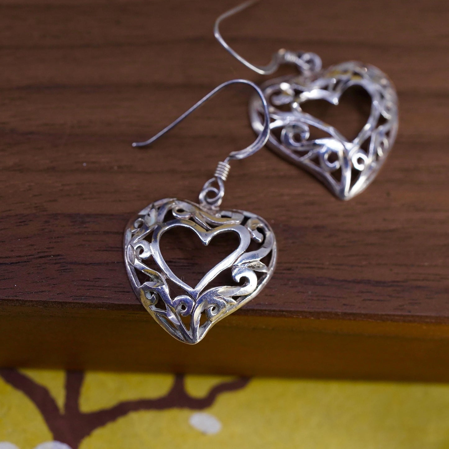 Vintage Sterling silver handmade earrings, 925 filigree heart drops