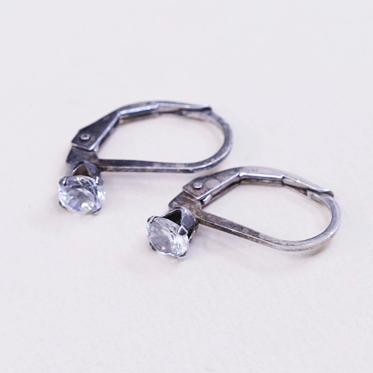 Vintage sterling silver handmade earrings, 925 with round CZ, stamped 925